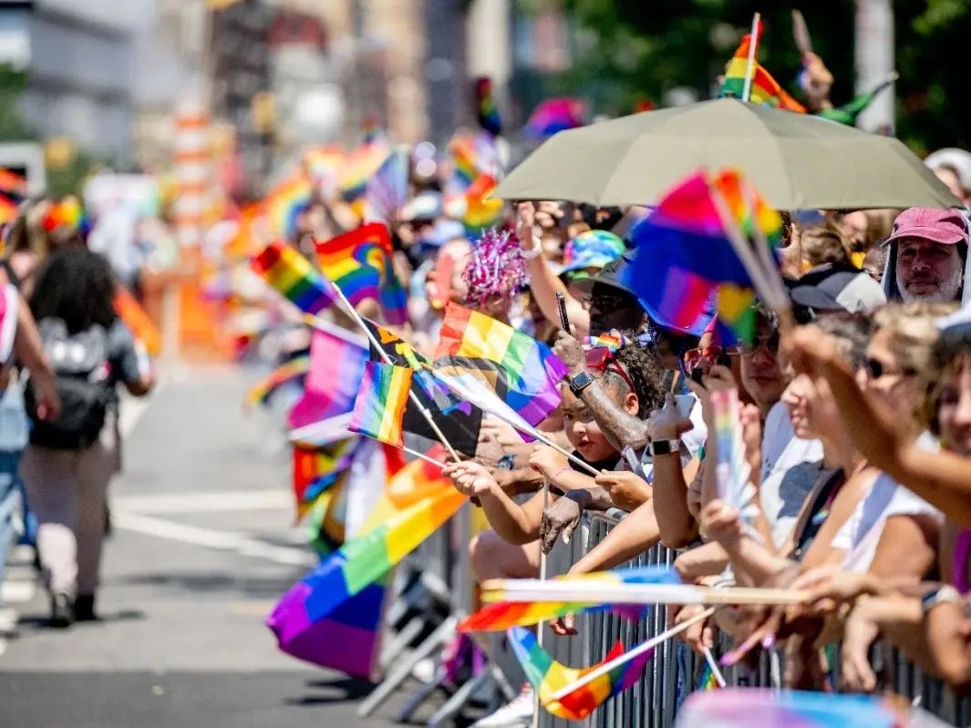 Crowd celebrating at Gay Pride Parade, waving rainbow flags and holding colorful accessories, embodying diversity and unity in a vibrant atmosphere.