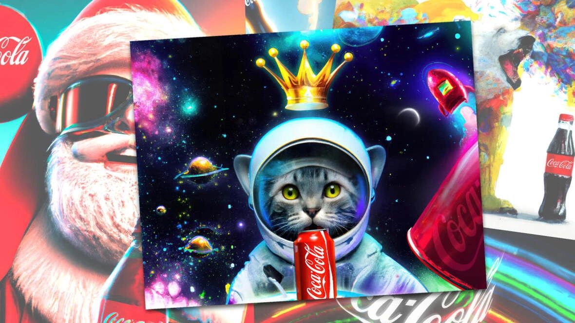 Cat in a spacesuit holding a Coca-Cola can, surrounded by a cosmic background with planets and a crown above its head, representing AI-driven creativity in advertising.