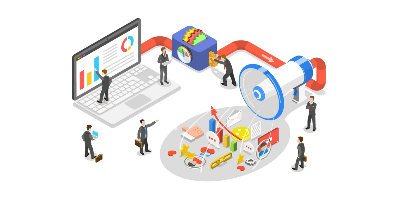 Illustration of programmatic advertising concepts with a laptop displaying analytics, business professionals interacting with data, and a megaphone symbolizing targeted ad delivery.