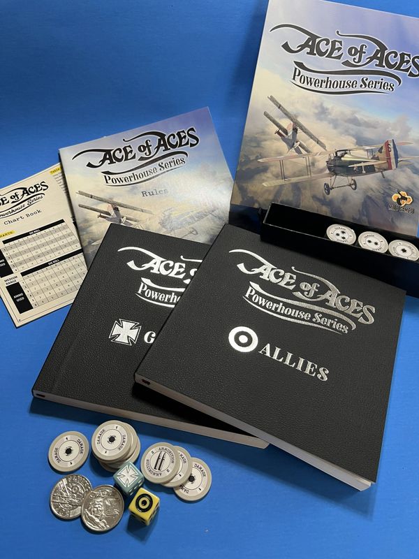 Ace of Aces Powerhouse Series game components laid out on blue background.