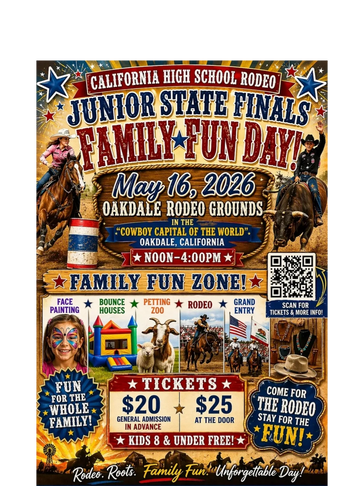 California High School Rodeo Junior State Finals Family Fun Day flyer for May 16, 2026.