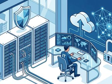IT professional monitoring data security in a server room.