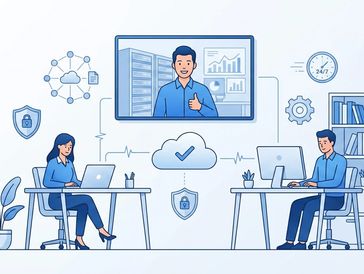 Two people working remotely connected via cloud.