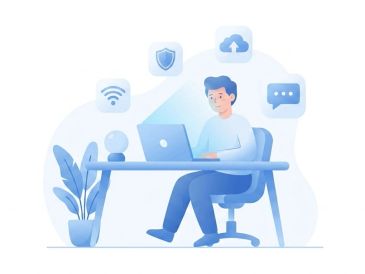 Person working on a laptop with technology icons around.