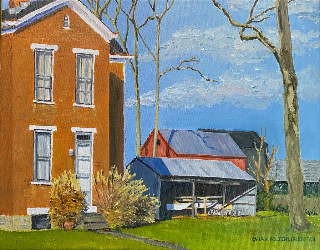 Painting of a red brick house with a barn and trees under a blue sky.