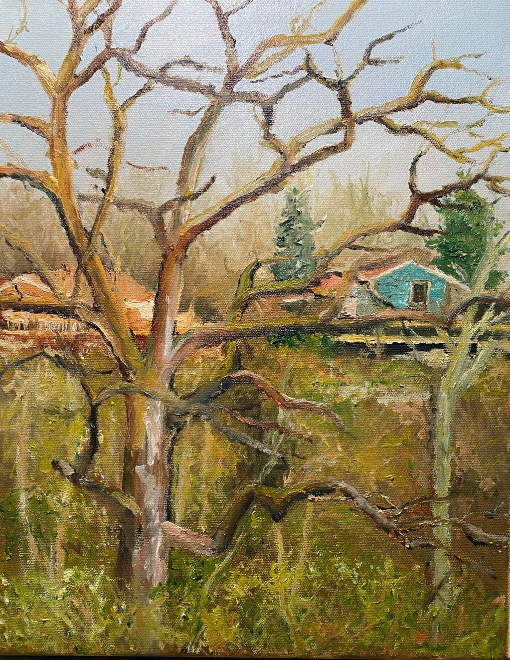 Painting of bare trees with houses in the background.