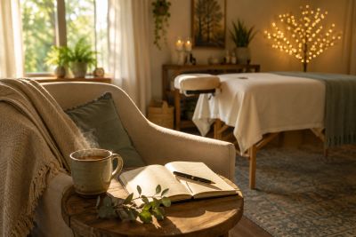 Cozy room with a chair, notebook, and cup of tea.