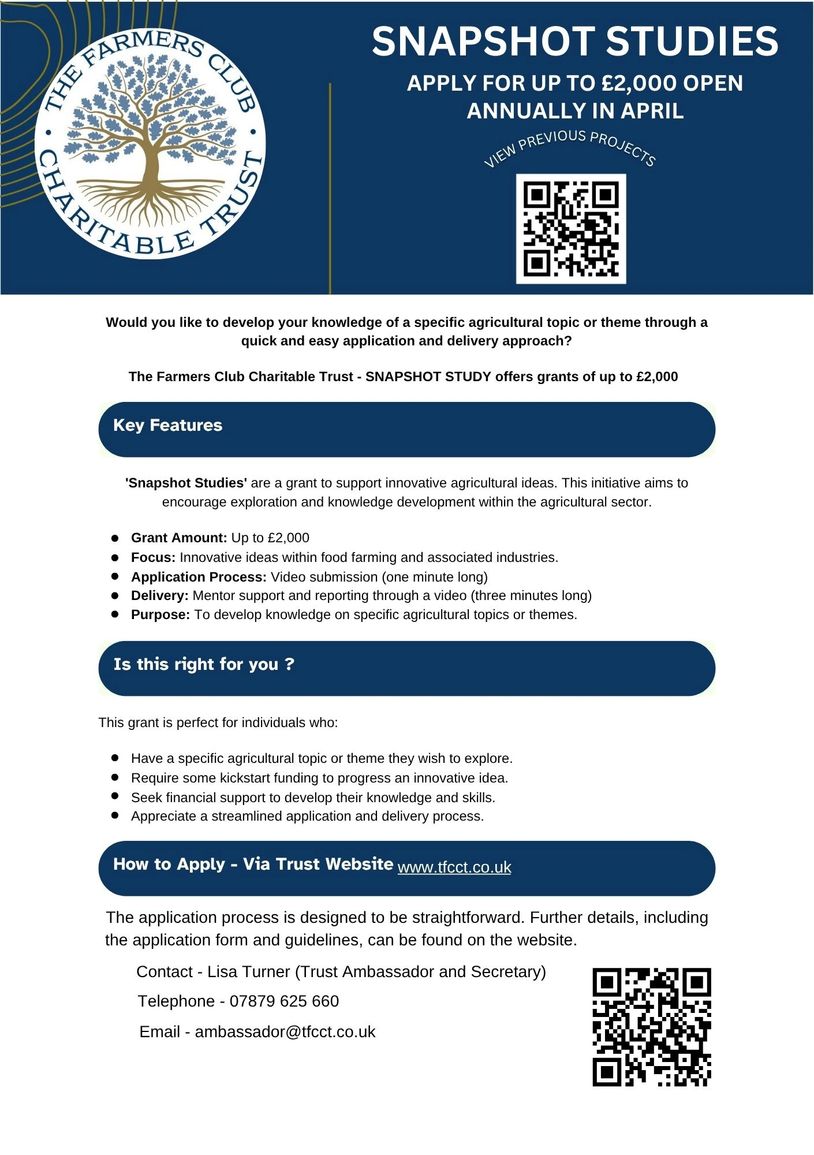 Flyer for The Farmers Club Charitable Trust offering up to £2,000 for agricultural Snapshot Studies.