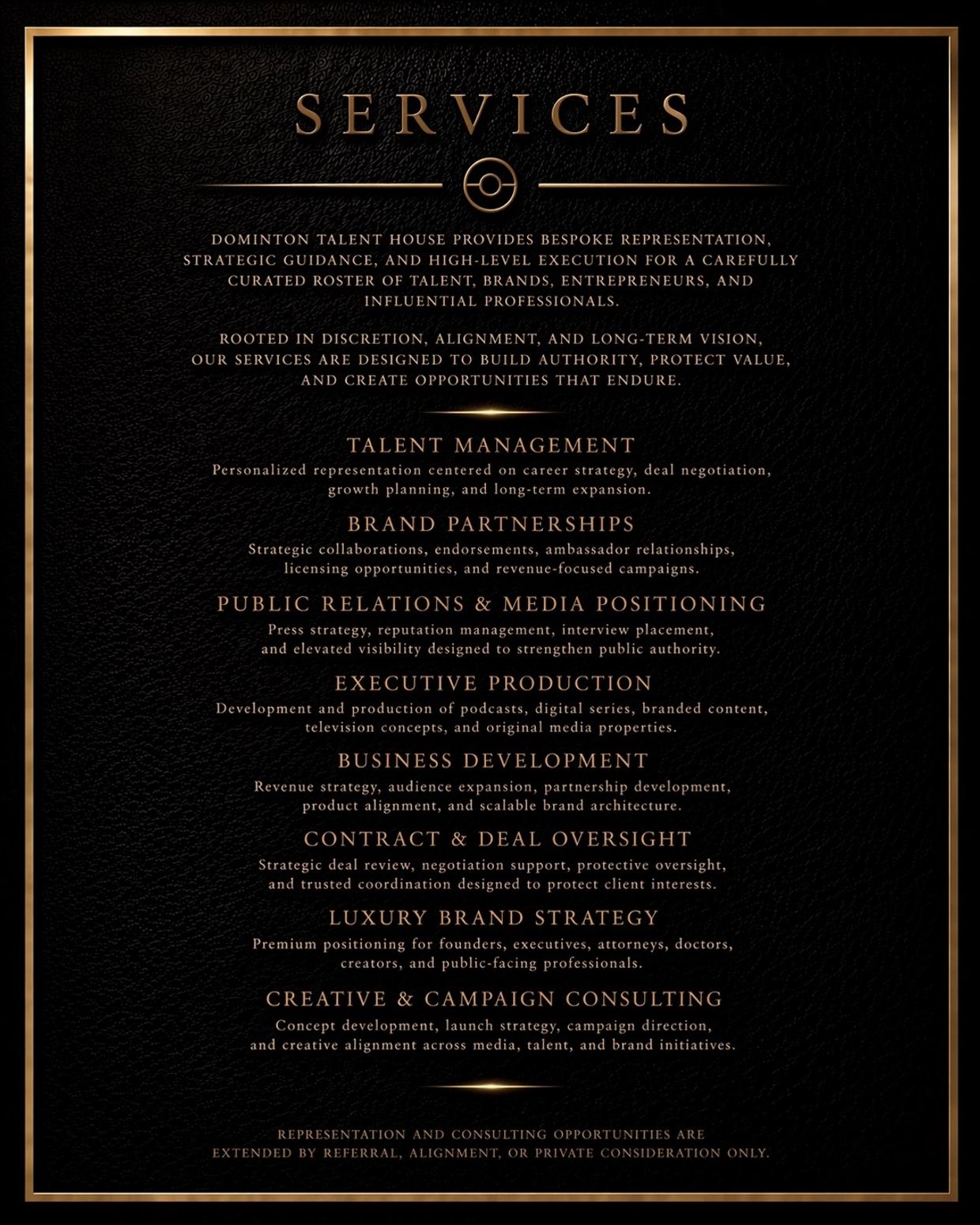 Elegant black and gold service menu detailing talent management, brand partnerships, and luxury brand strategy.