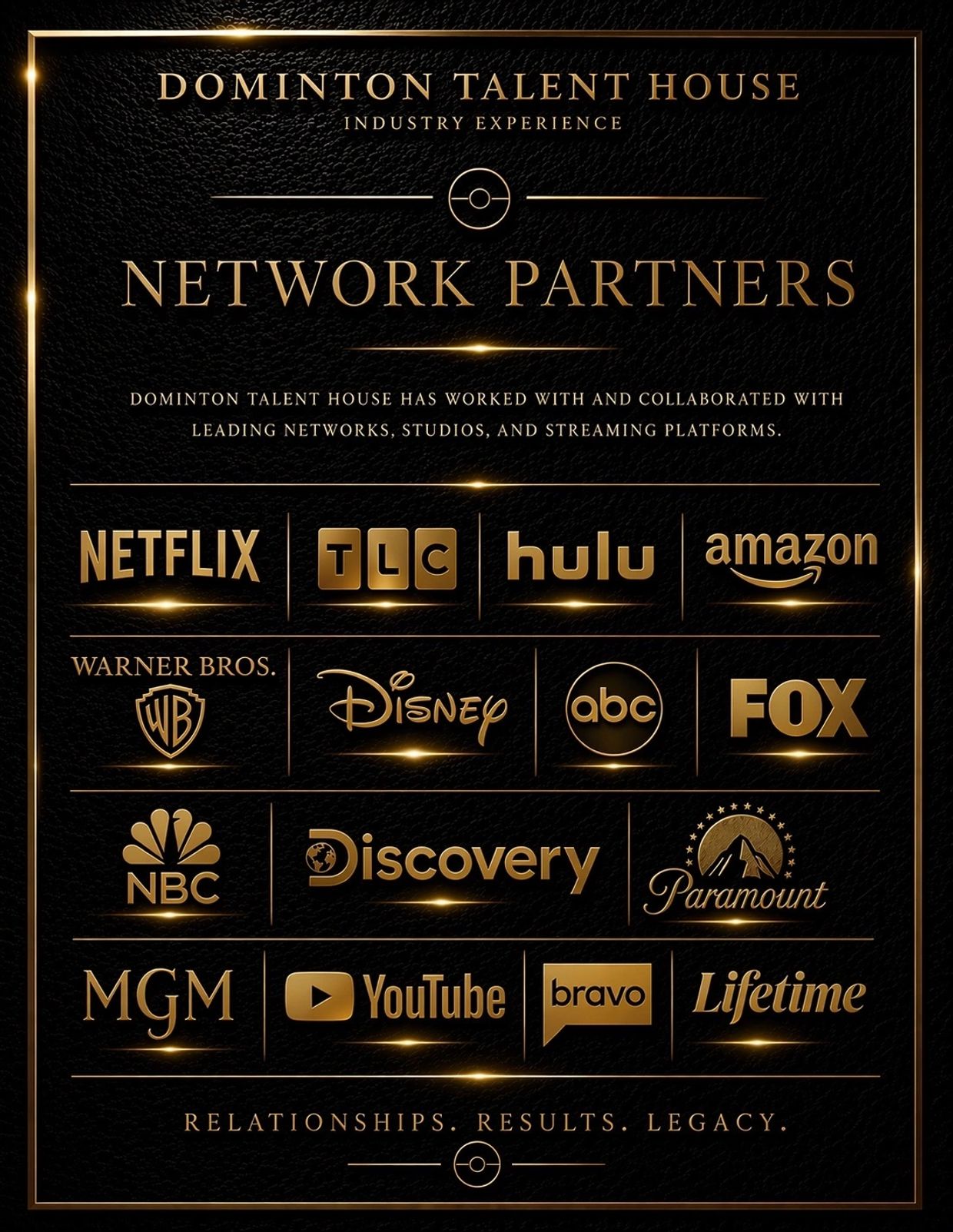 Dominton Talent House partners with top media networks and streaming platforms.