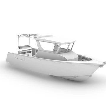 White modern motorboat with covered cabin and open rear deck.