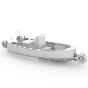 3D model of a boat with attached wheels for land movement.