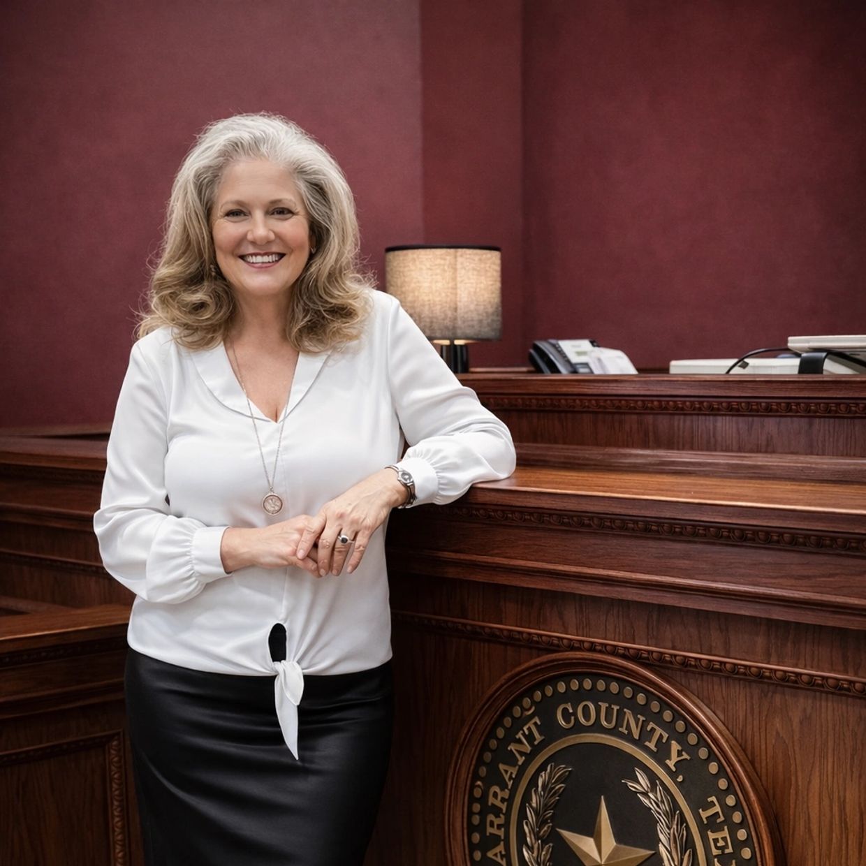 Confident woman standing by a wooden desk with a county seal in an office.