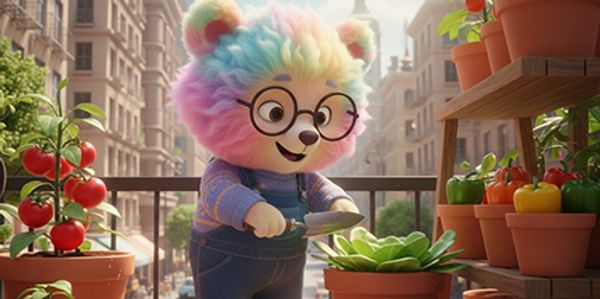 Colorful bear gardening in a city balcony.