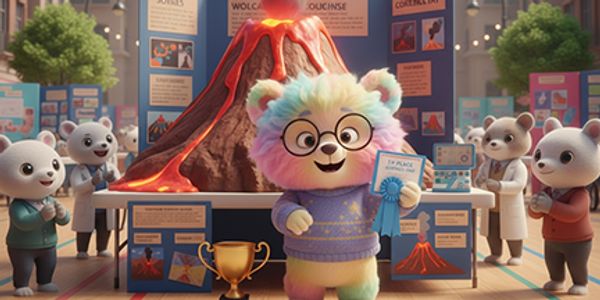 Colorful bear wins science fair with volcano project.