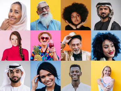Collage of diverse, smiling people against colorful backgrounds.
