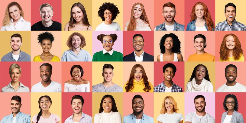 Collage of diverse people smiling against colorful backgrounds.
