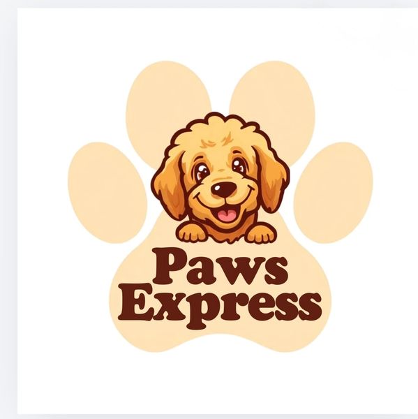 Logo of a happy dog with the text 'Paws Express'.
