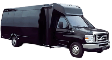 Black shuttle bus with open door.