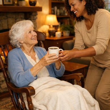 Younger woman giving a hot drink to an elderly woman seated in a rocking chair.