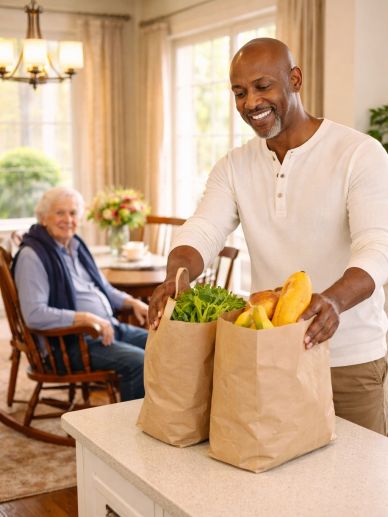 A man placing grocery bags on a kitchen counter with an elderly woman smiling in the background.