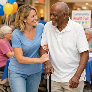 A woman helps an elderly man walk at a community health fair.