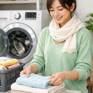 A woman folding laundry near a washing machine, smiling.