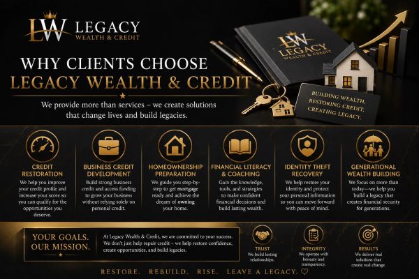Legacy Wealth &amp; Credit offers credit restoration, business credit, homeownership help, literacy coaching, and more.