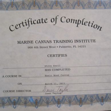 Certificate of completion for Basic Boat Canvas course by Steve Knoll.