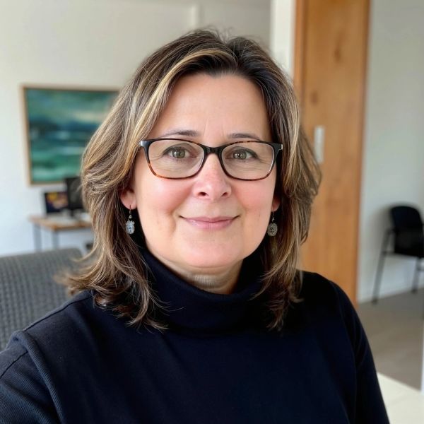 Woman with glasses smiling indoors.
