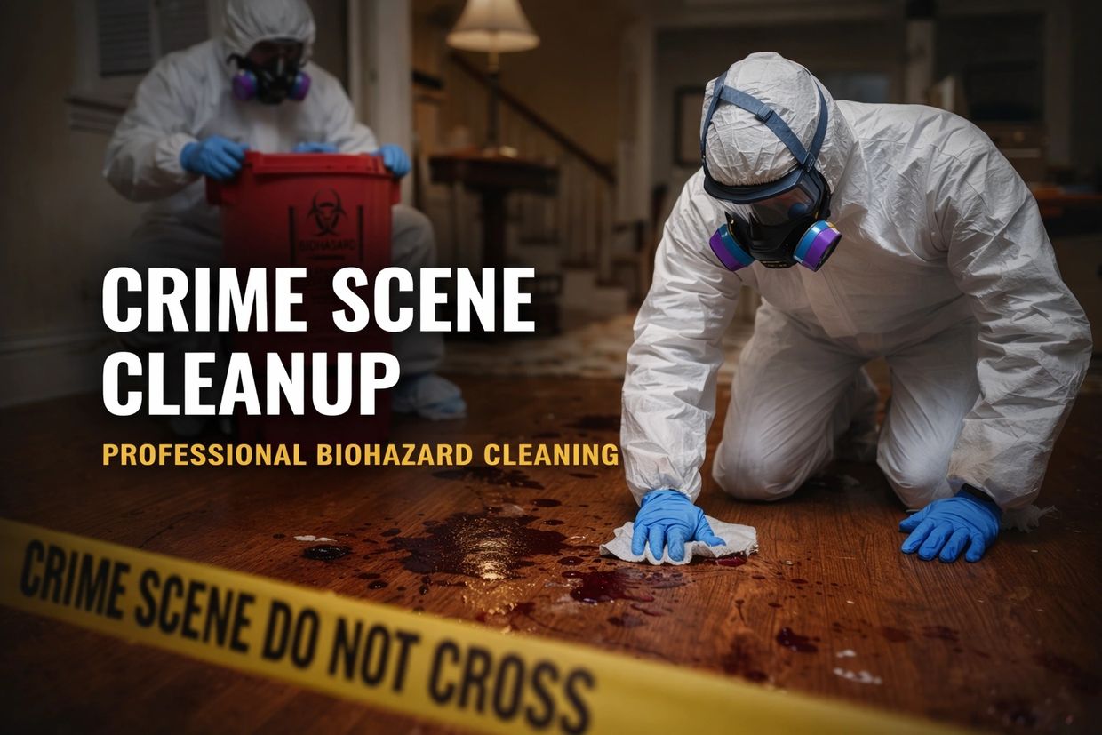 Photo showing a biohazard scene clean up, PPE