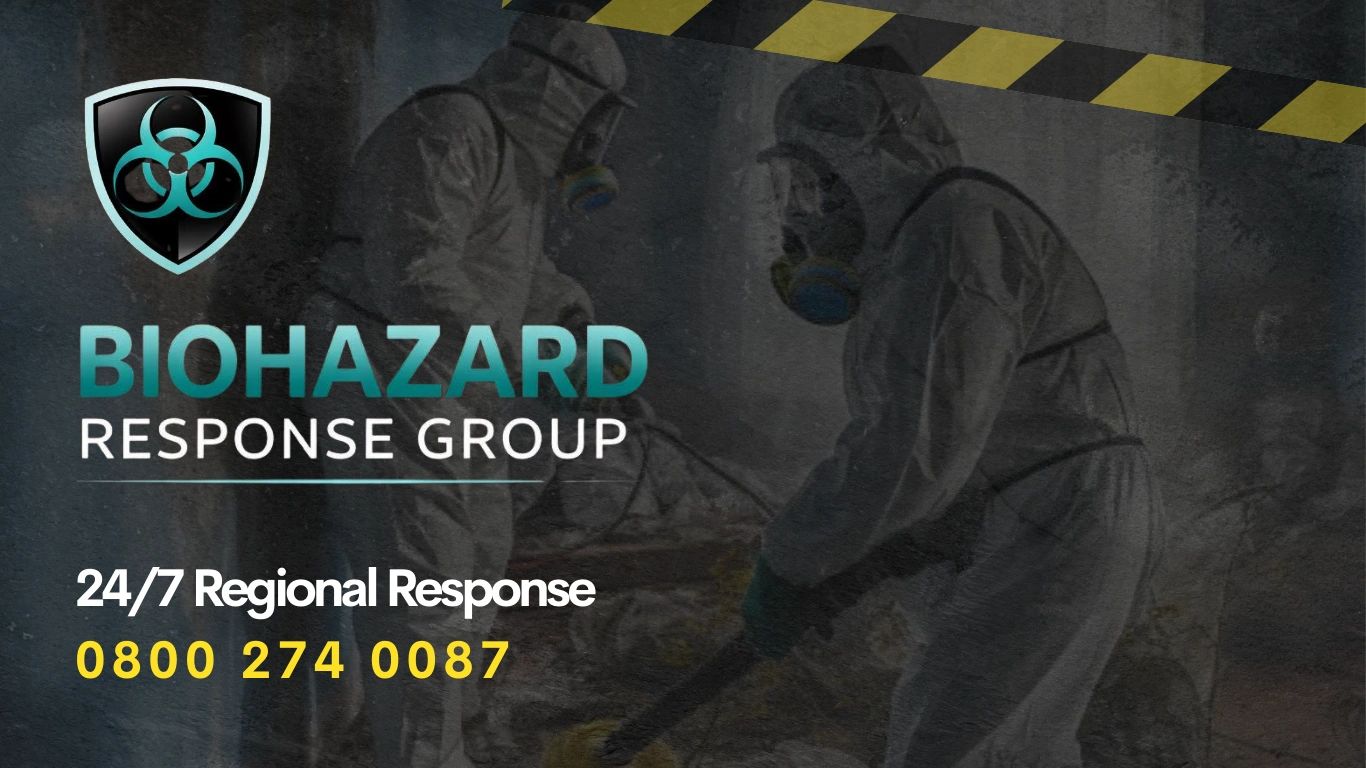 biohazard clean up team wearing full ppe 