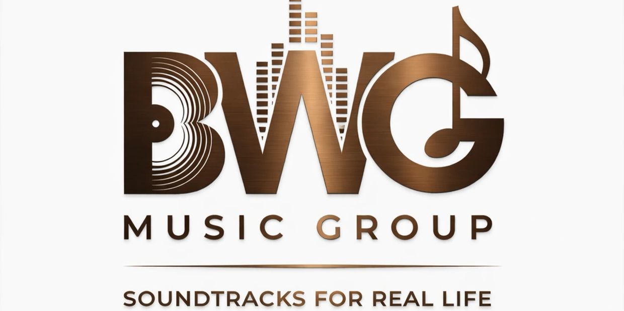 Logo of BWG Music Group with musical design elements.
