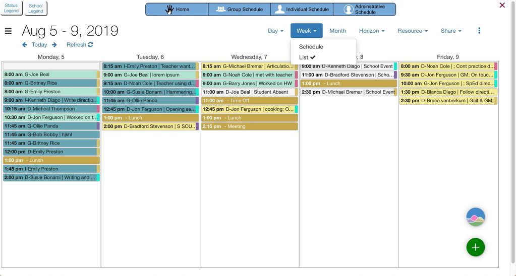 
View your sessions in list view by day, week, month or over a set period.