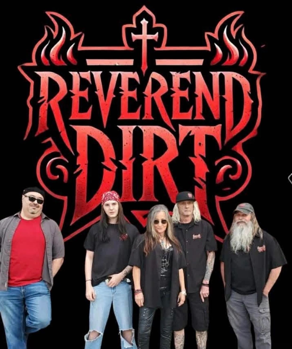 Band Reverend Dirt in front of their logo.
