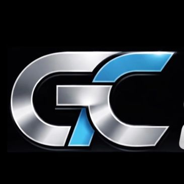 Metallic silver and blue GC logo on black background.
