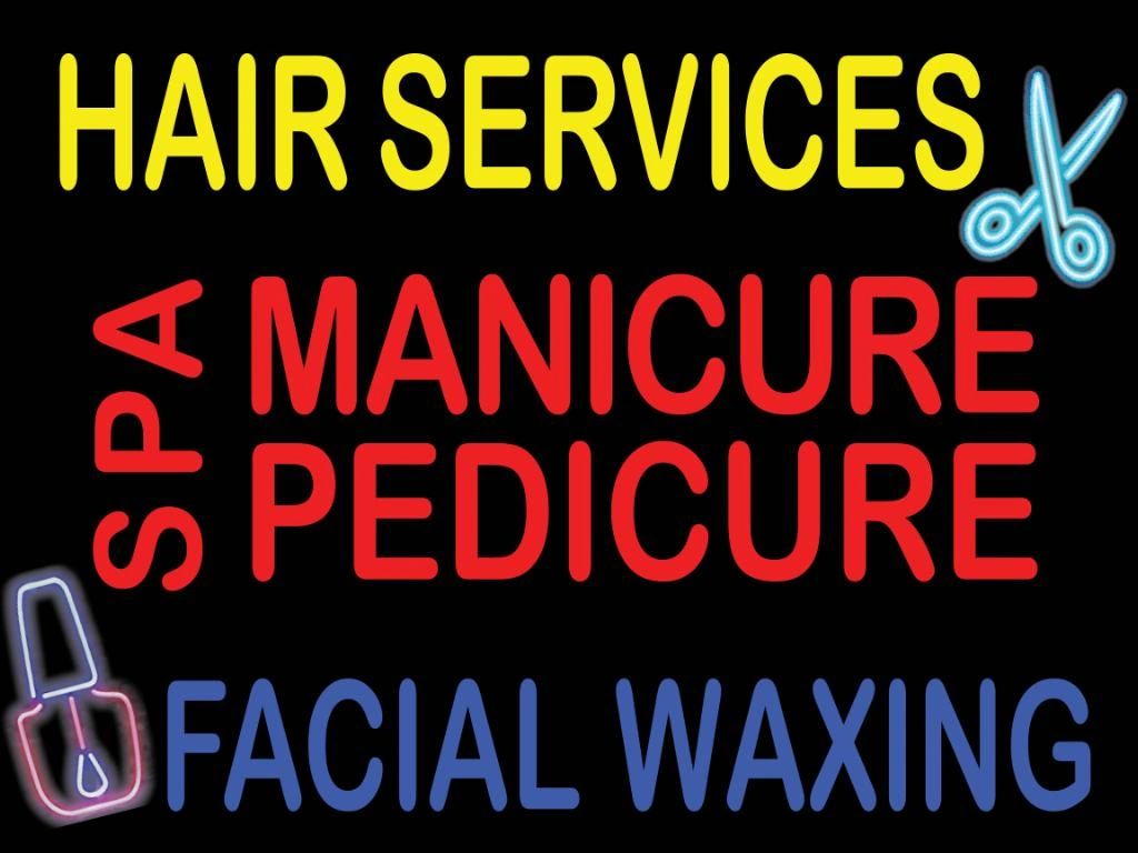 Hair Services, Facial Waxing, Spa Manicure, and Spa Pedicure.