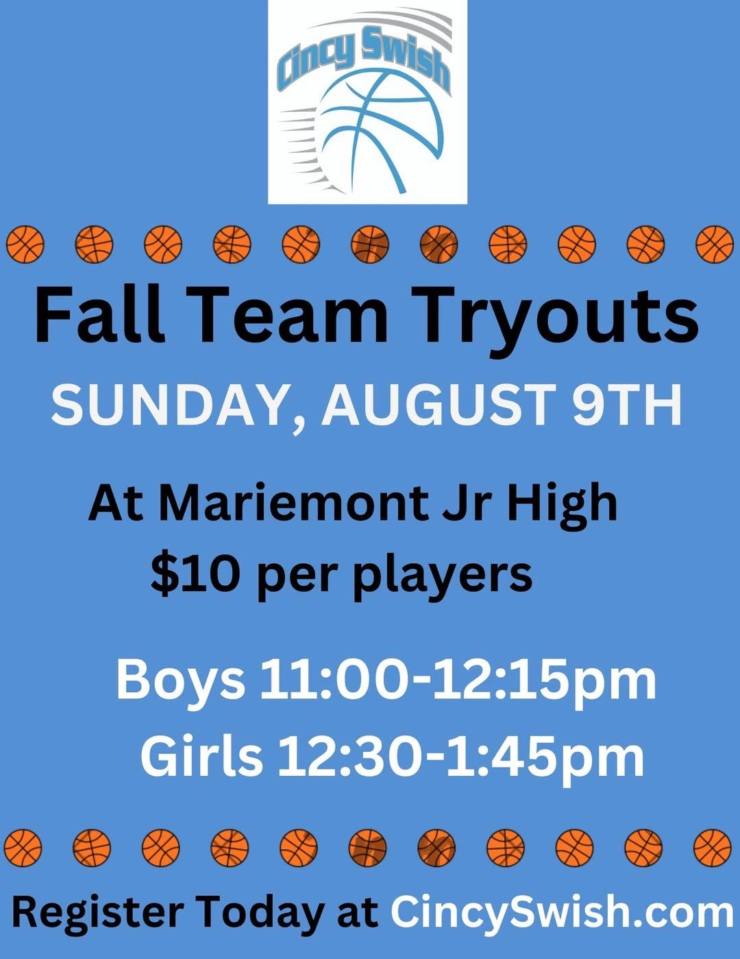 Fall basketball team tryouts on August 9th for boys and girls at Mariemont Jr High.