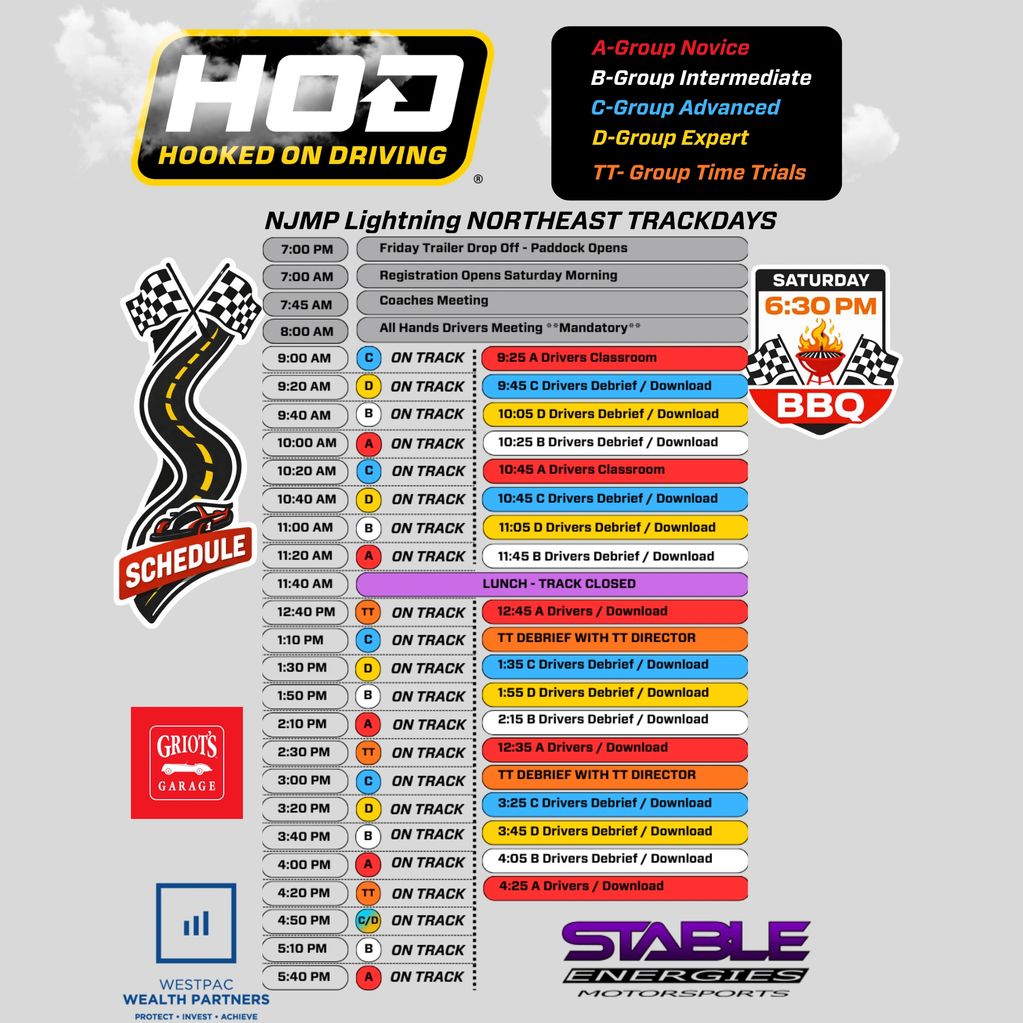 NJMP Lightning Northeast Trackdays schedule with group times and BBQ event.