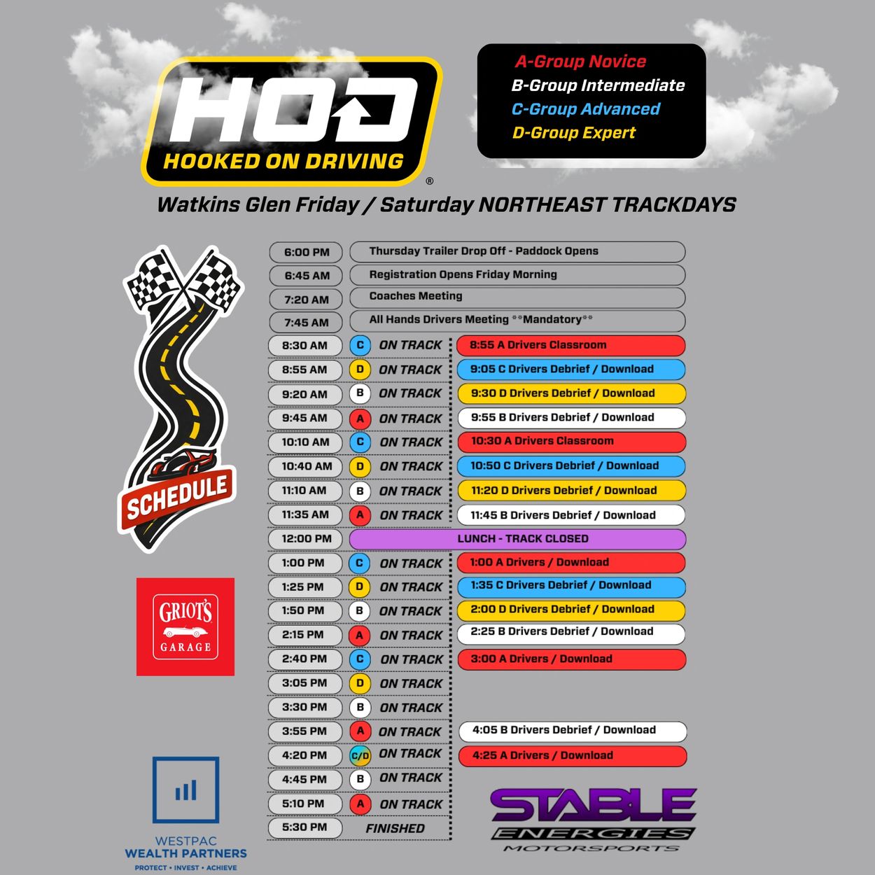 Hooked on Driving Northeast Trackdays schedule at Watkins Glen with group-specific sessions and briefings.