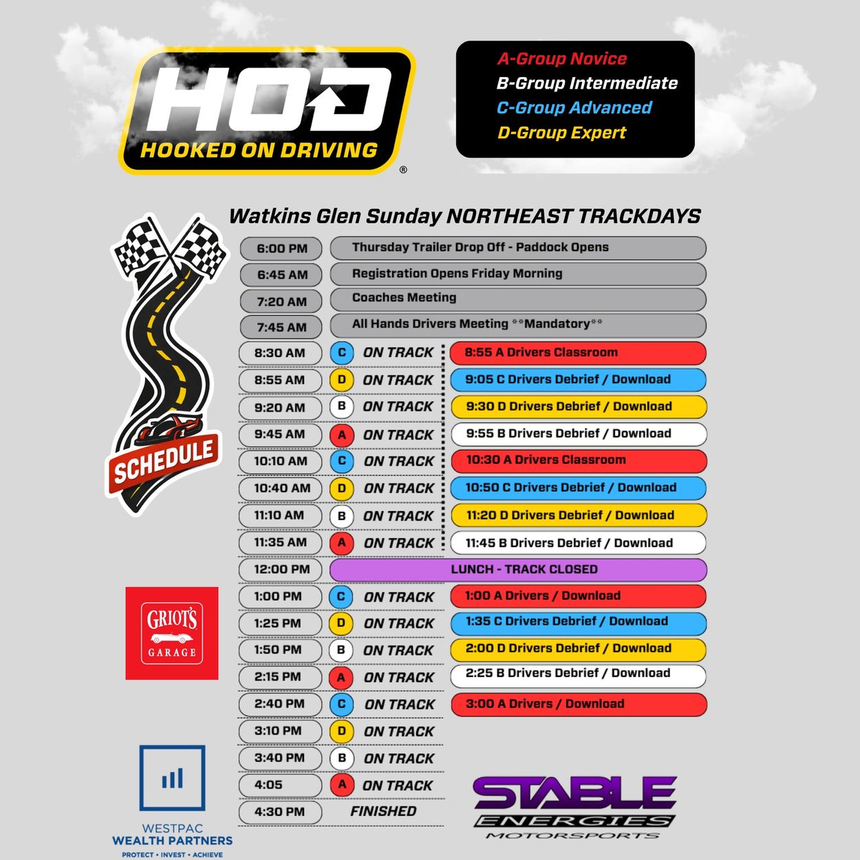Watkins Glen Sunday Northeast Trackdays schedule for Hooked On Driving with group levels and timings.
