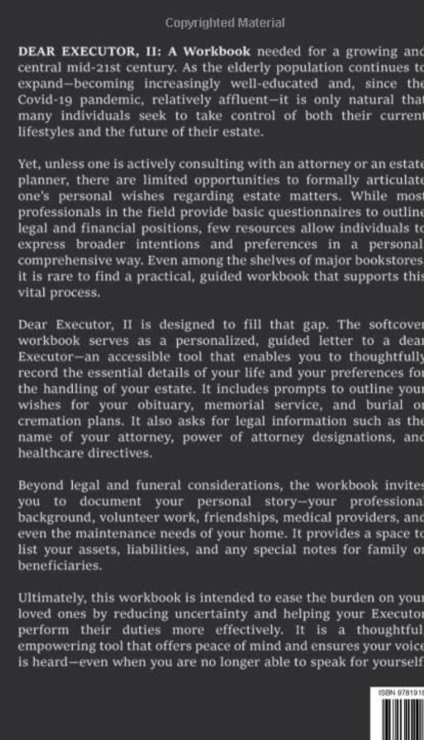 Back cover text describing the purpose and contents of the workbook "Dear Executor, II."