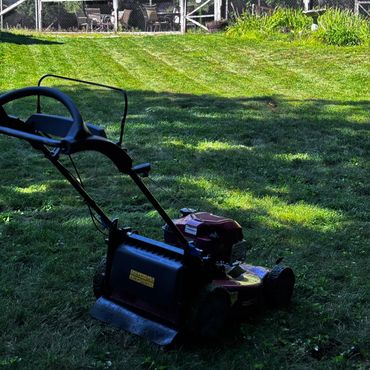 Lawn mower on a freshly cut grass lawn under a sunny sky.
