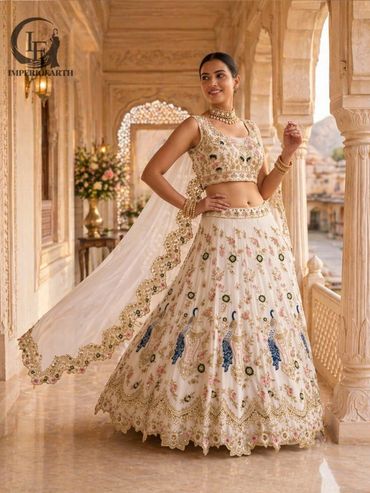 Woman in an elegant embroidered lehenga with a matching dupatta in a traditional setting.