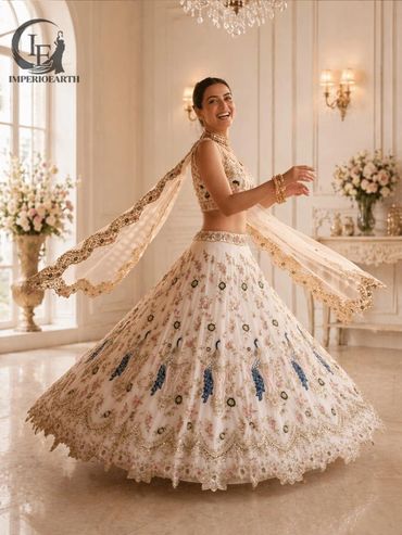 A woman in a beautiful, ornate lehenga twirling joyfully in an elegant room.