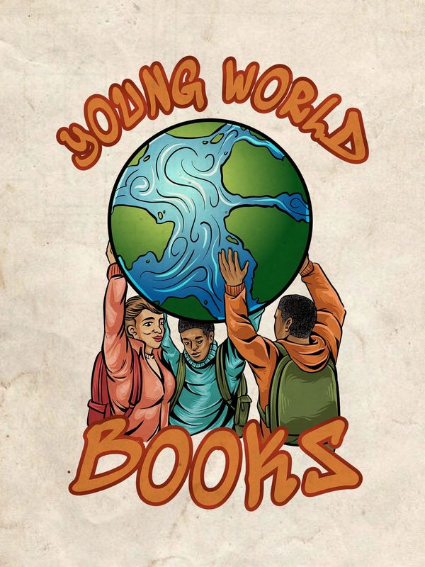 Young people holding up the Earth with 'Young World Books' text.