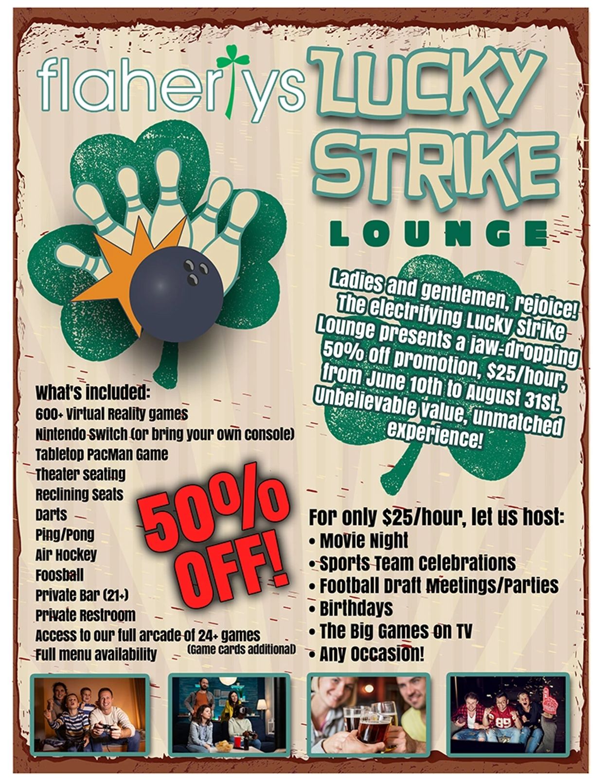 Flyer for Lucky Strike Lounge offering 50% off virtual games and event hosting.
