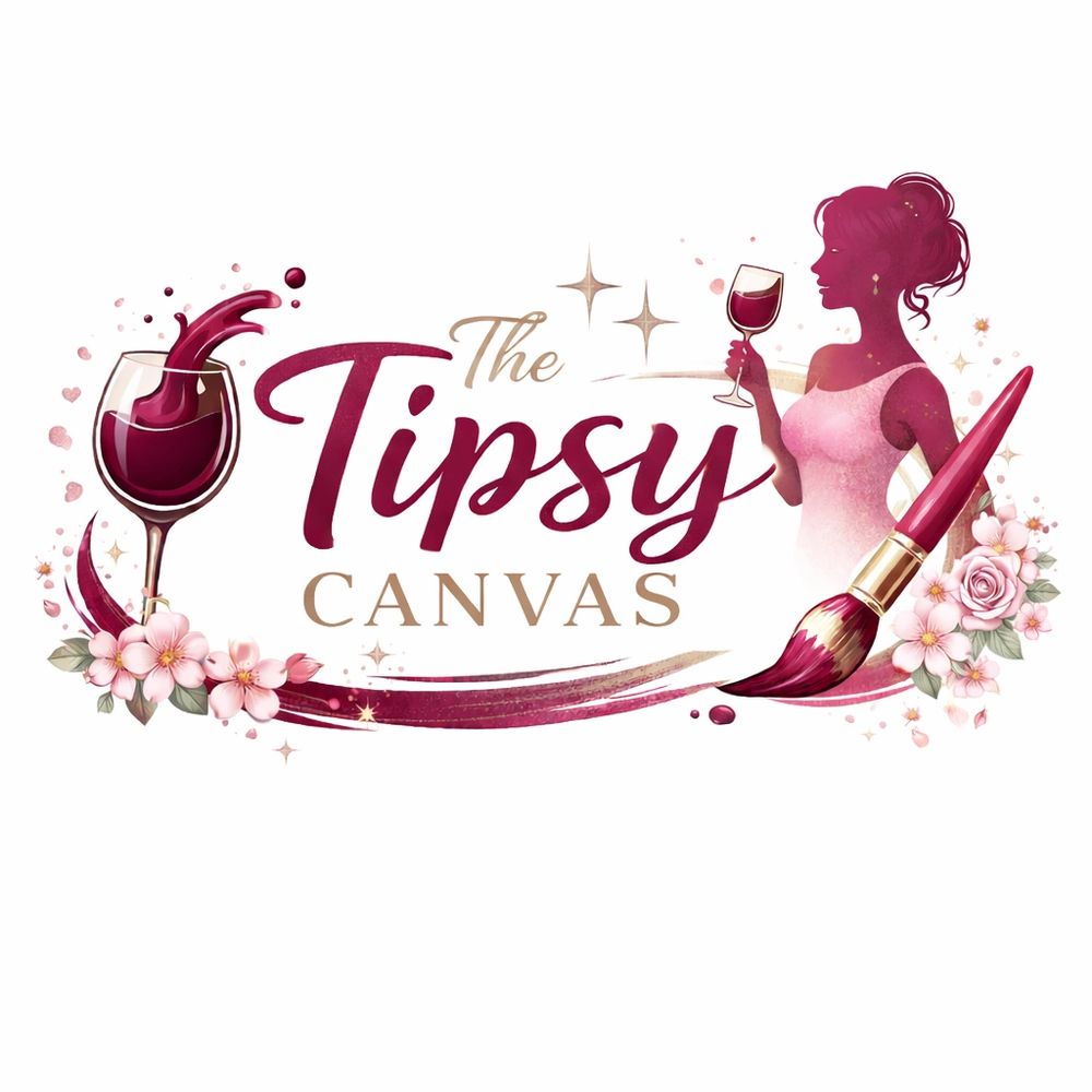 Logo for The Tipsy Canvas with wine, paintbrush, and elegant woman illustration.
