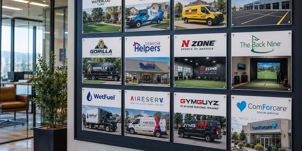 Wall display featuring logos and images of various businesses.