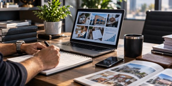 Person writing notes next to a laptop showing real estate images.